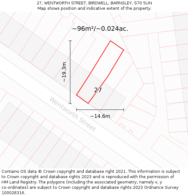 27, WENTWORTH STREET, BIRDWELL, BARNSLEY, S70 5UN: Plot and title map