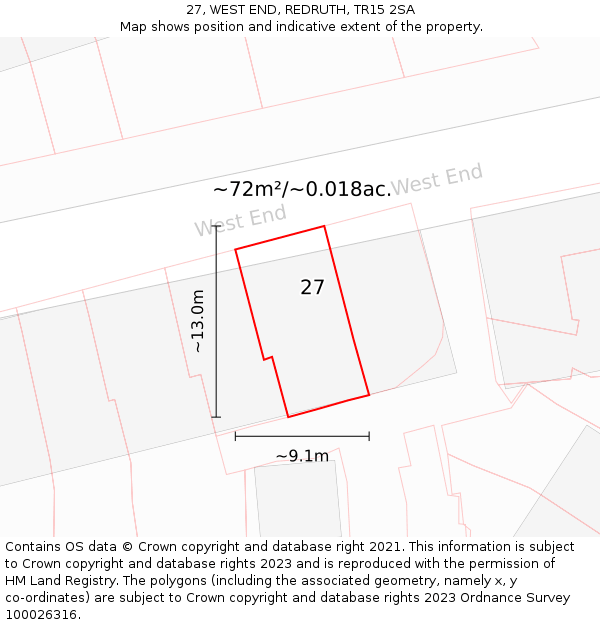 27, WEST END, REDRUTH, TR15 2SA: Plot and title map