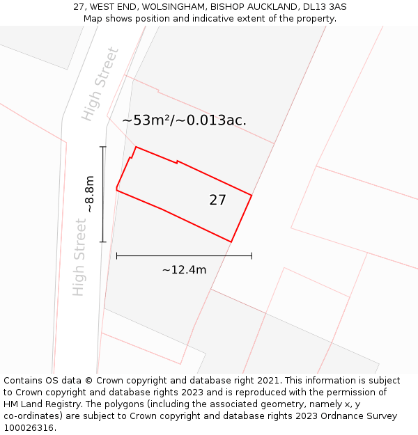 27, WEST END, WOLSINGHAM, BISHOP AUCKLAND, DL13 3AS: Plot and title map