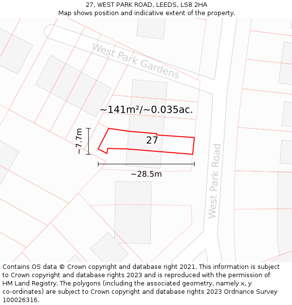 27, WEST PARK ROAD, LEEDS, LS8 2HA: Plot and title map
