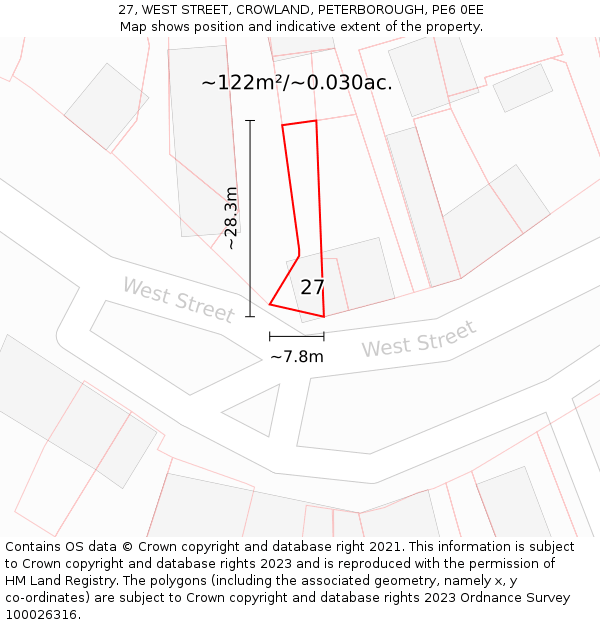 27, WEST STREET, CROWLAND, PETERBOROUGH, PE6 0EE: Plot and title map