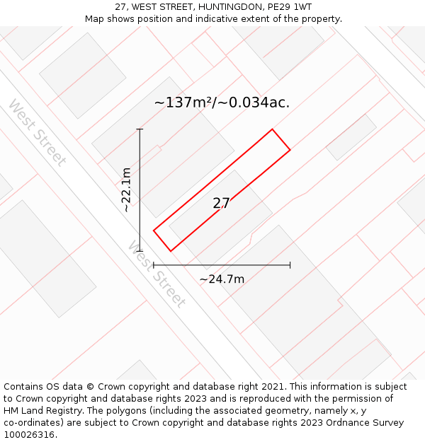 27, WEST STREET, HUNTINGDON, PE29 1WT: Plot and title map