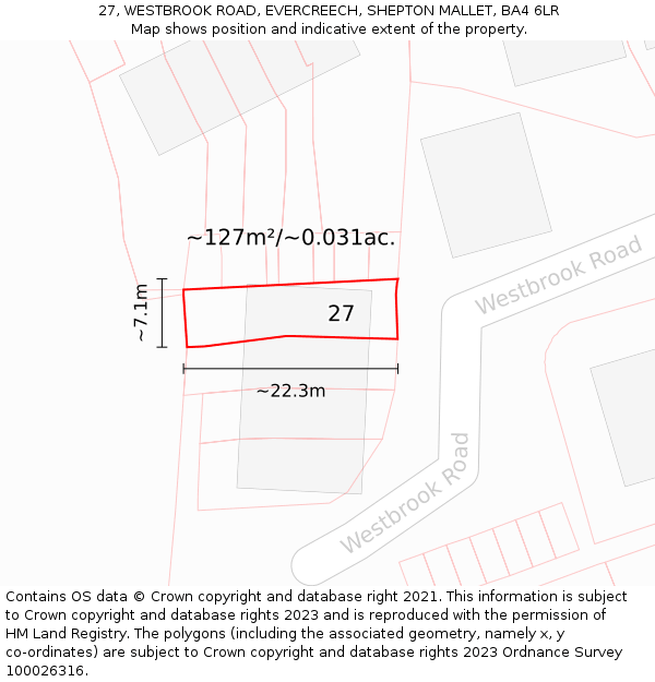 27, WESTBROOK ROAD, EVERCREECH, SHEPTON MALLET, BA4 6LR: Plot and title map