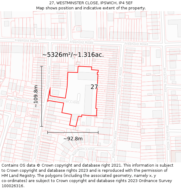 27, WESTMINSTER CLOSE, IPSWICH, IP4 5EF: Plot and title map