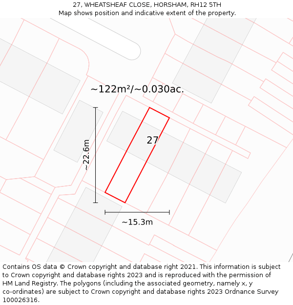 27, WHEATSHEAF CLOSE, HORSHAM, RH12 5TH: Plot and title map