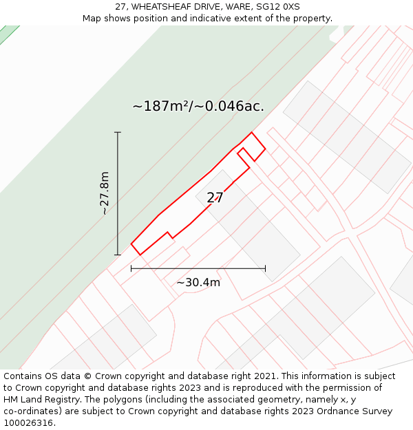 27, WHEATSHEAF DRIVE, WARE, SG12 0XS: Plot and title map