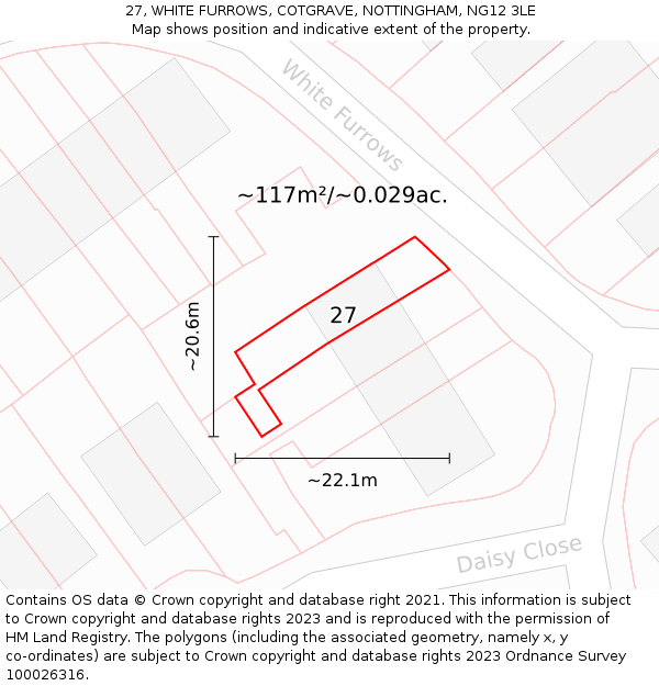 27, WHITE FURROWS, COTGRAVE, NOTTINGHAM, NG12 3LE: Plot and title map