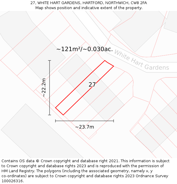 27, WHITE HART GARDENS, HARTFORD, NORTHWICH, CW8 2FA: Plot and title map