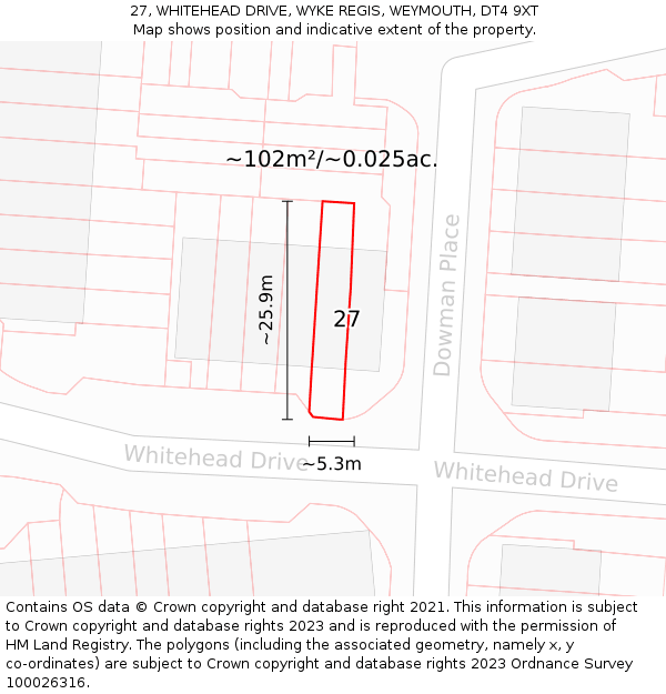 27, WHITEHEAD DRIVE, WYKE REGIS, WEYMOUTH, DT4 9XT: Plot and title map