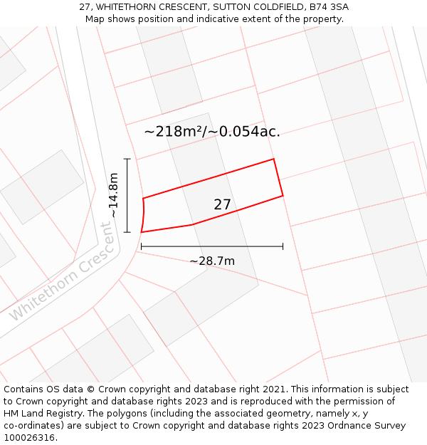 27, WHITETHORN CRESCENT, SUTTON COLDFIELD, B74 3SA: Plot and title map