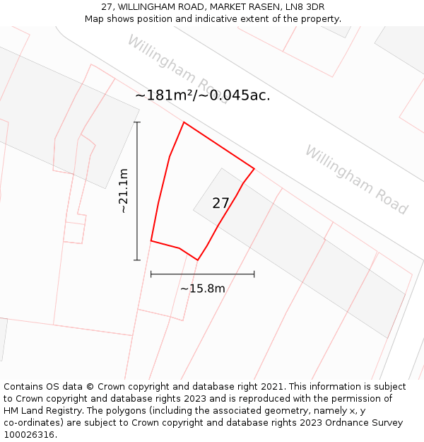 27, WILLINGHAM ROAD, MARKET RASEN, LN8 3DR: Plot and title map