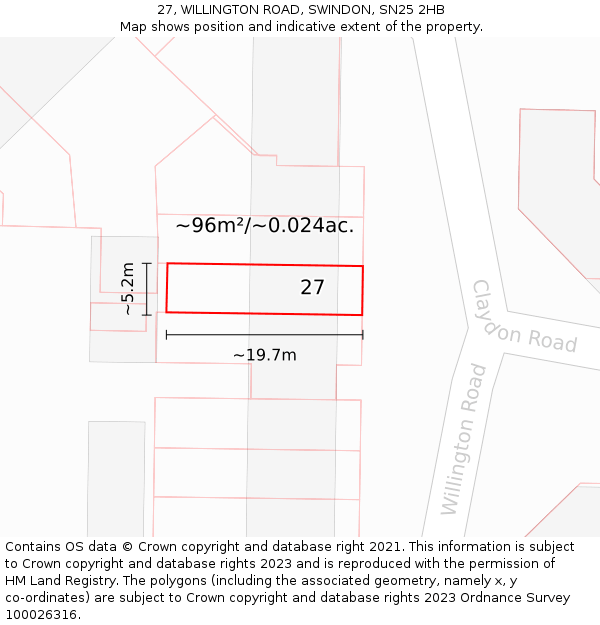 27, WILLINGTON ROAD, SWINDON, SN25 2HB: Plot and title map
