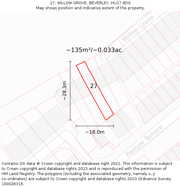 27, WILLOW GROVE, BEVERLEY, HU17 8DS: Plot and title map