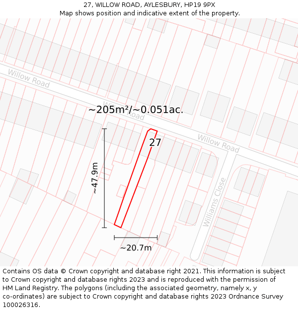 27, WILLOW ROAD, AYLESBURY, HP19 9PX: Plot and title map