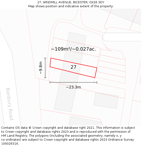 27, WINDMILL AVENUE, BICESTER, OX26 3DY: Plot and title map