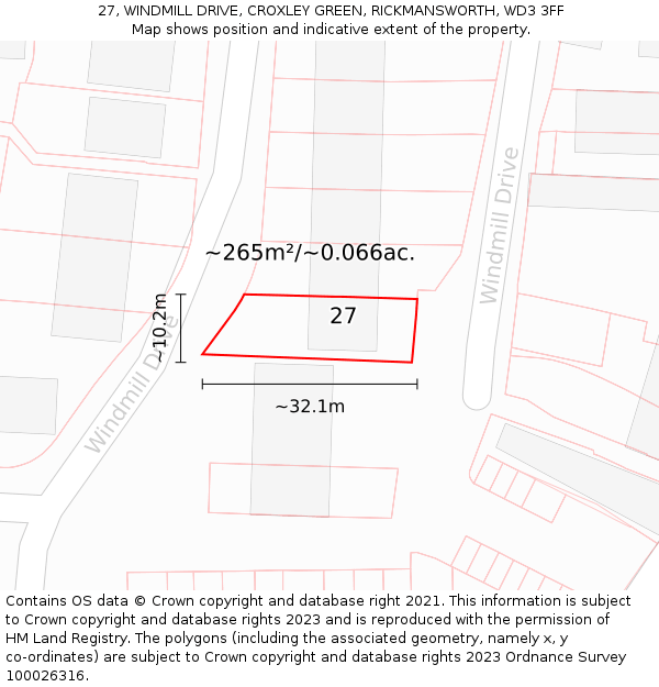 27, WINDMILL DRIVE, CROXLEY GREEN, RICKMANSWORTH, WD3 3FF: Plot and title map