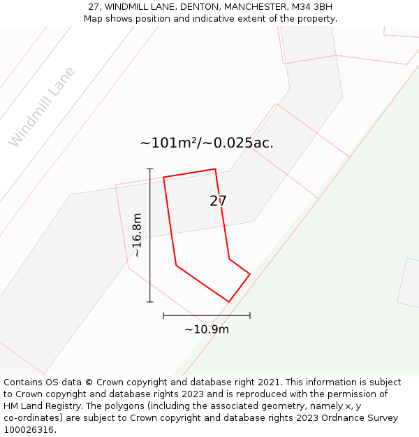 27, WINDMILL LANE, DENTON, MANCHESTER, M34 3BH: Plot and title map
