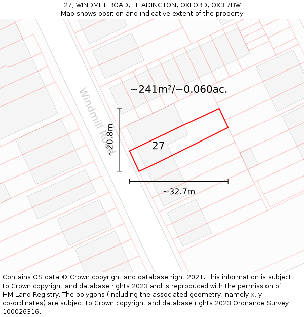 27, WINDMILL ROAD, HEADINGTON, OXFORD, OX3 7BW: Plot and title map