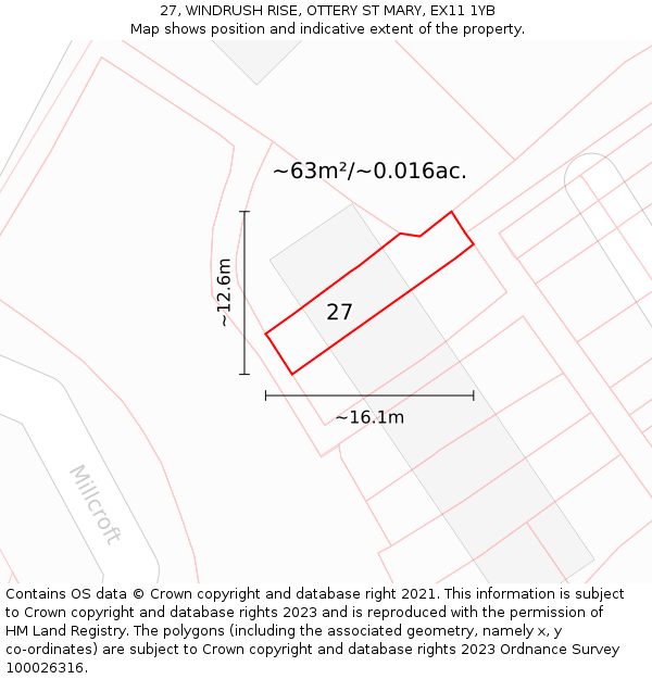 27, WINDRUSH RISE, OTTERY ST MARY, EX11 1YB: Plot and title map
