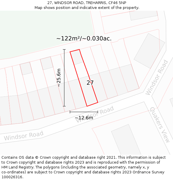 27, WINDSOR ROAD, TREHARRIS, CF46 5NP: Plot and title map