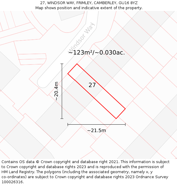 27, WINDSOR WAY, FRIMLEY, CAMBERLEY, GU16 8YZ: Plot and title map