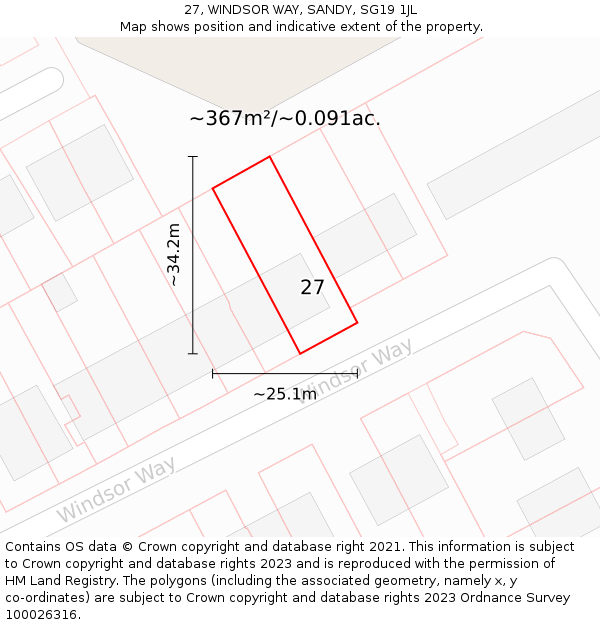27, WINDSOR WAY, SANDY, SG19 1JL: Plot and title map