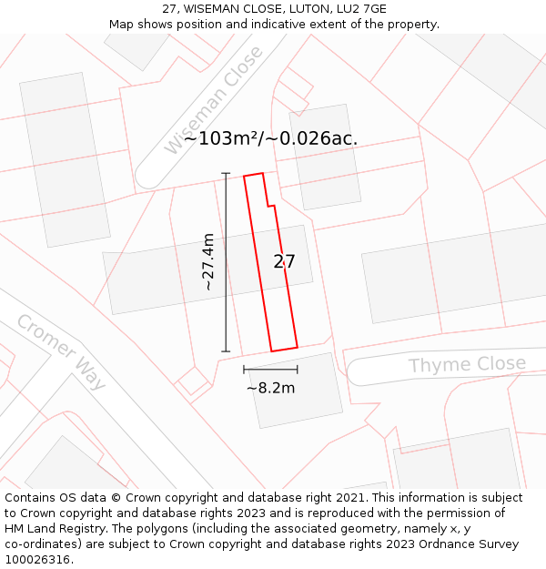 27, WISEMAN CLOSE, LUTON, LU2 7GE: Plot and title map