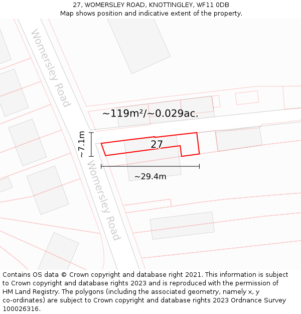27, WOMERSLEY ROAD, KNOTTINGLEY, WF11 0DB: Plot and title map