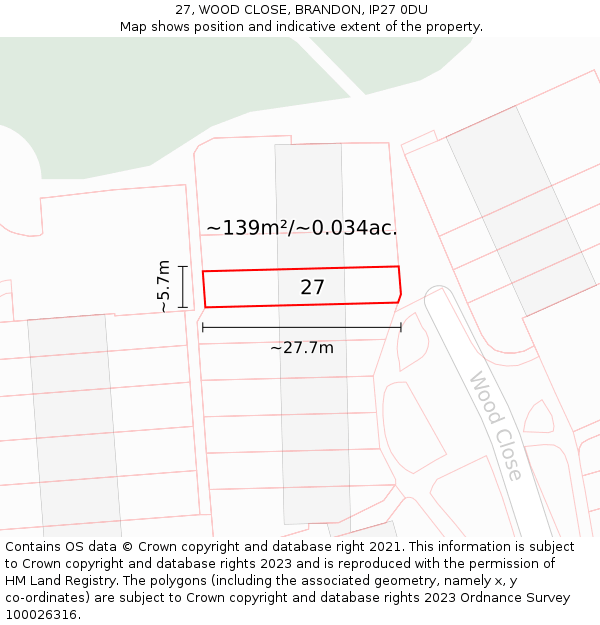 27, WOOD CLOSE, BRANDON, IP27 0DU: Plot and title map