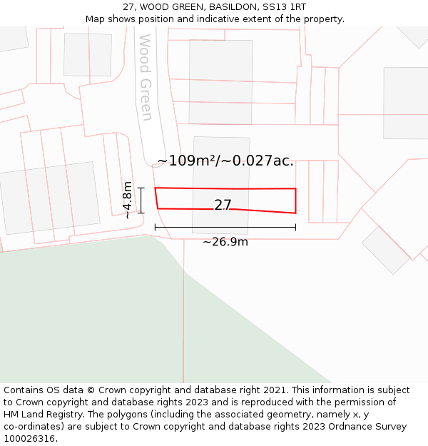 27, WOOD GREEN, BASILDON, SS13 1RT: Plot and title map