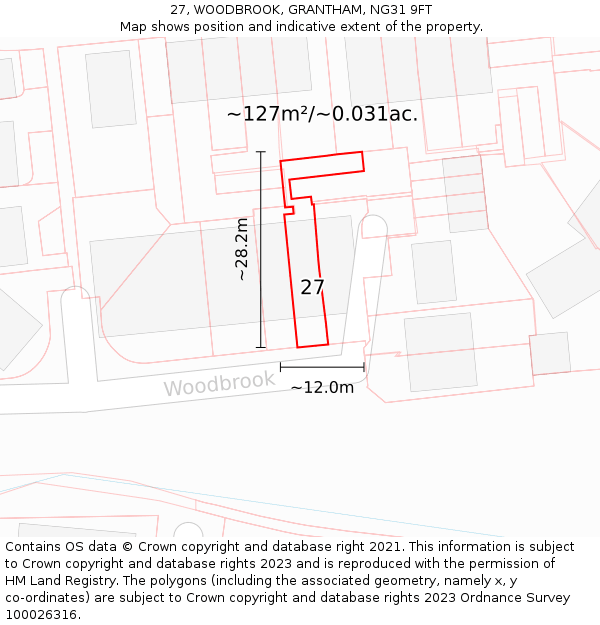 27, WOODBROOK, GRANTHAM, NG31 9FT: Plot and title map