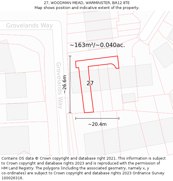 27, WOODMAN MEAD, WARMINSTER, BA12 8TE: Plot and title map