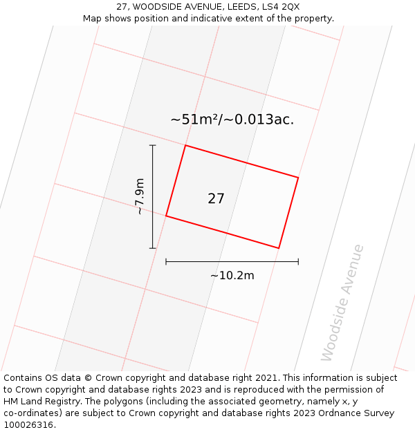 27, WOODSIDE AVENUE, LEEDS, LS4 2QX: Plot and title map