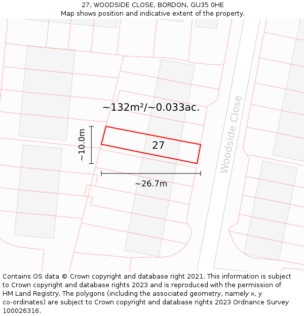 27, WOODSIDE CLOSE, BORDON, GU35 0HE: Plot and title map
