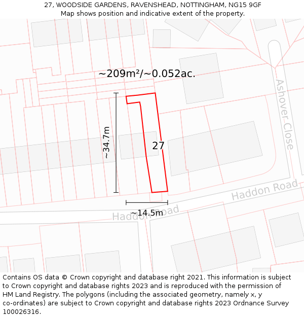 27, WOODSIDE GARDENS, RAVENSHEAD, NOTTINGHAM, NG15 9GF: Plot and title map