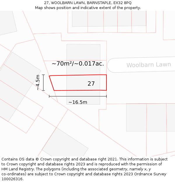 27, WOOLBARN LAWN, BARNSTAPLE, EX32 8PQ: Plot and title map