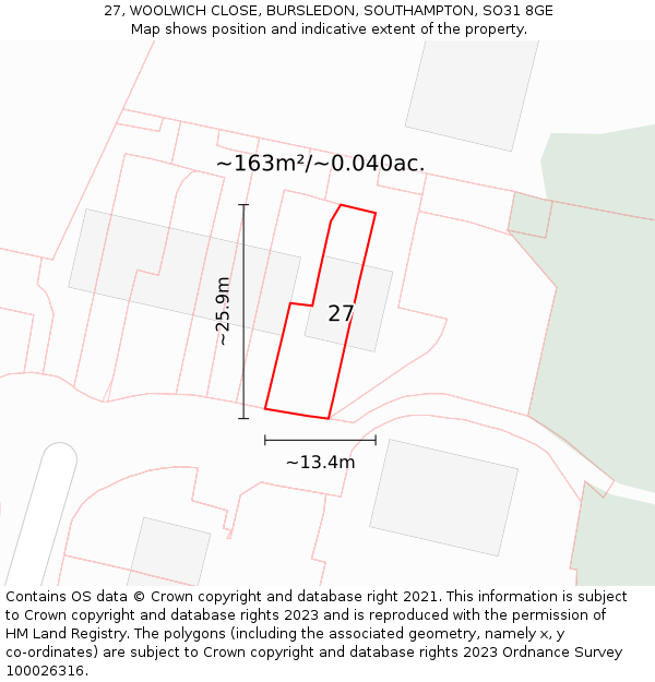 27, WOOLWICH CLOSE, BURSLEDON, SOUTHAMPTON, SO31 8GE: Plot and title map