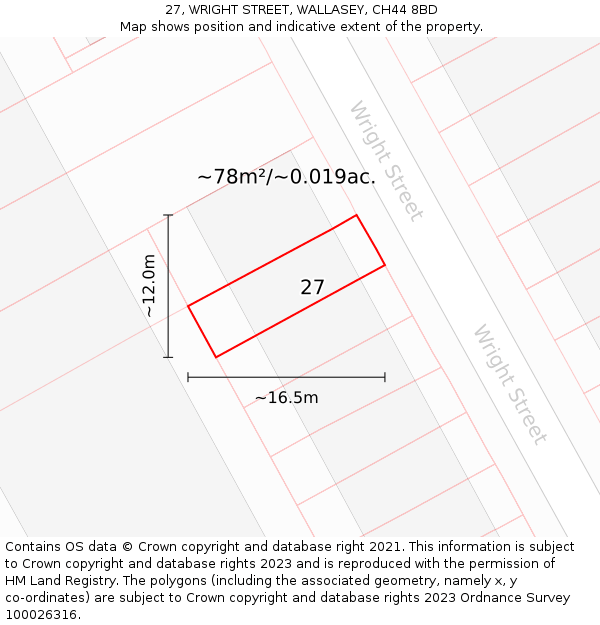 27, WRIGHT STREET, WALLASEY, CH44 8BD: Plot and title map