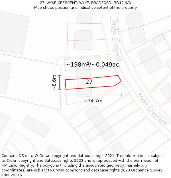 27, WYKE CRESCENT, WYKE, BRADFORD, BD12 9AY: Plot and title map