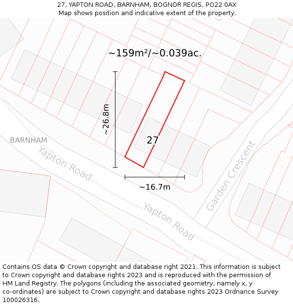 27, YAPTON ROAD, BARNHAM, BOGNOR REGIS, PO22 0AX: Plot and title map