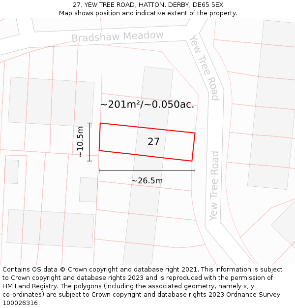 27, YEW TREE ROAD, HATTON, DERBY, DE65 5EX: Plot and title map