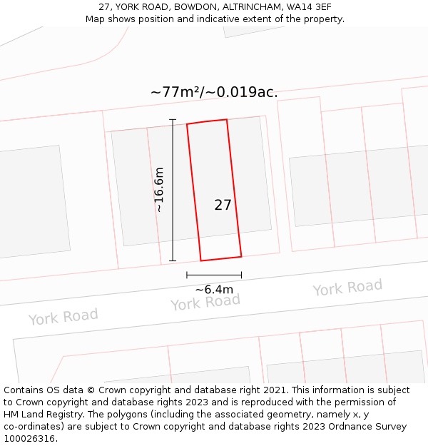 27, YORK ROAD, BOWDON, ALTRINCHAM, WA14 3EF: Plot and title map
