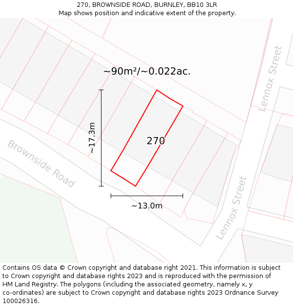 270, BROWNSIDE ROAD, BURNLEY, BB10 3LR: Plot and title map