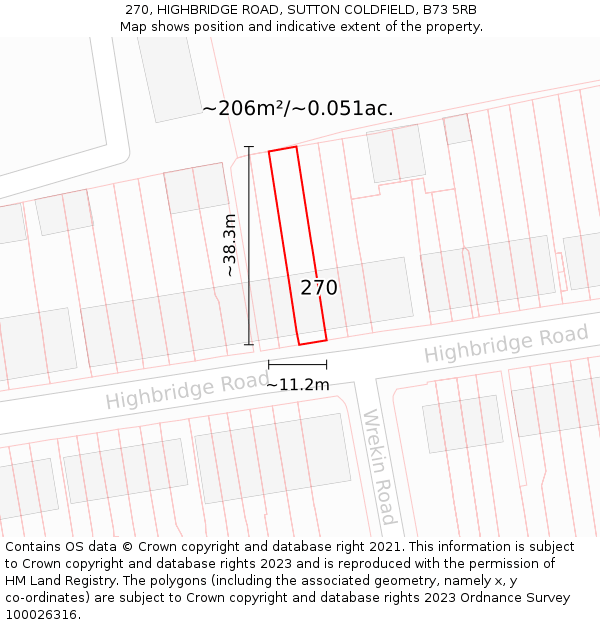 270, HIGHBRIDGE ROAD, SUTTON COLDFIELD, B73 5RB: Plot and title map