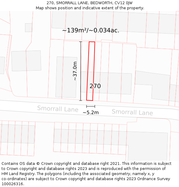 270, SMORRALL LANE, BEDWORTH, CV12 0JW: Plot and title map