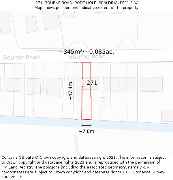 271, BOURNE ROAD, PODE HOLE, SPALDING, PE11 3LW: Plot and title map