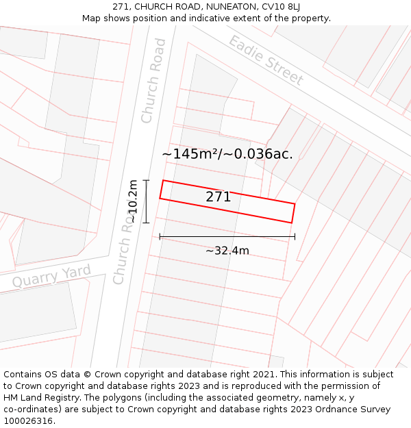 271, CHURCH ROAD, NUNEATON, CV10 8LJ: Plot and title map