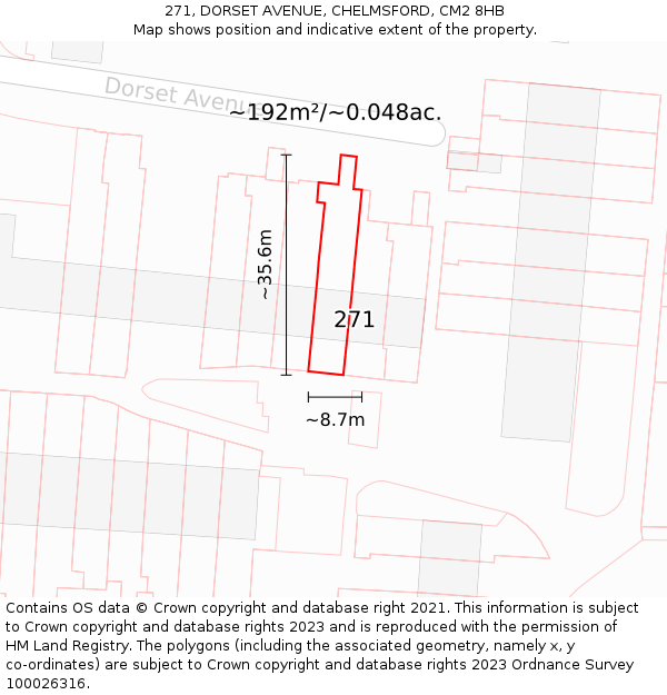 271, DORSET AVENUE, CHELMSFORD, CM2 8HB: Plot and title map