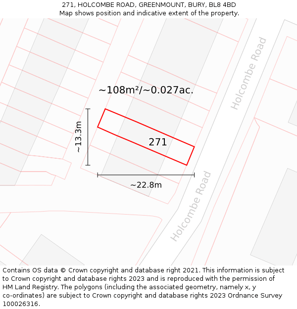 271, HOLCOMBE ROAD, GREENMOUNT, BURY, BL8 4BD: Plot and title map
