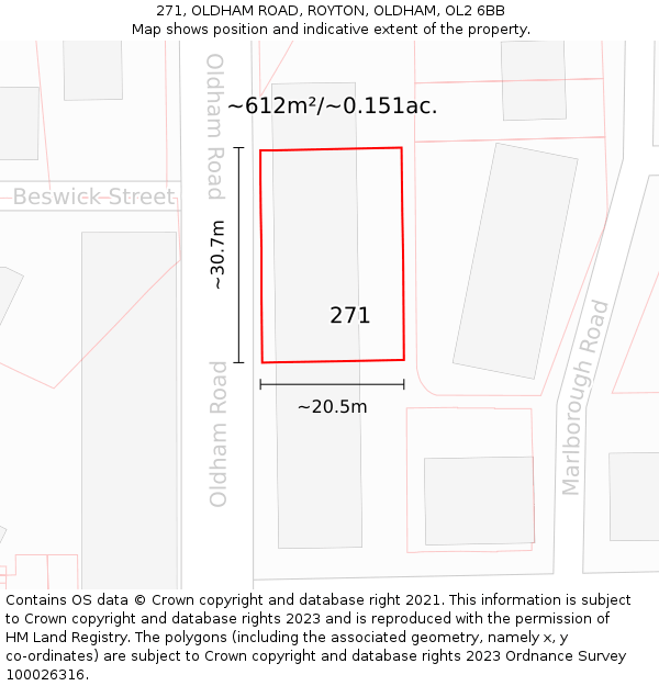 271, OLDHAM ROAD, ROYTON, OLDHAM, OL2 6BB: Plot and title map